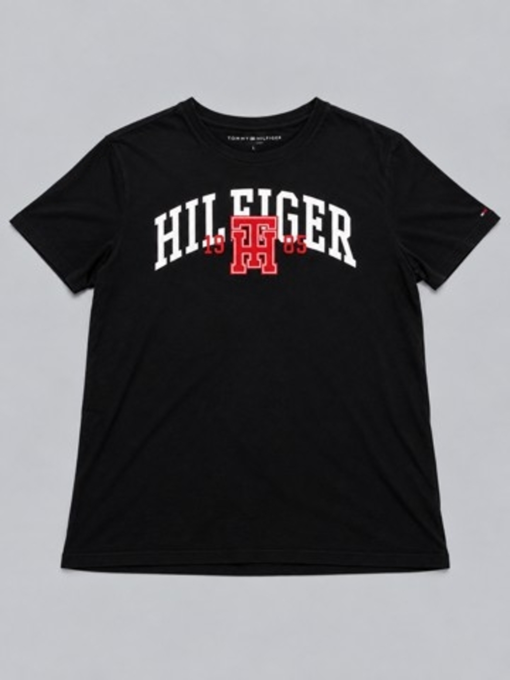 Tommy Hilfiger Black Tee with White Arch Logo and Red Crest